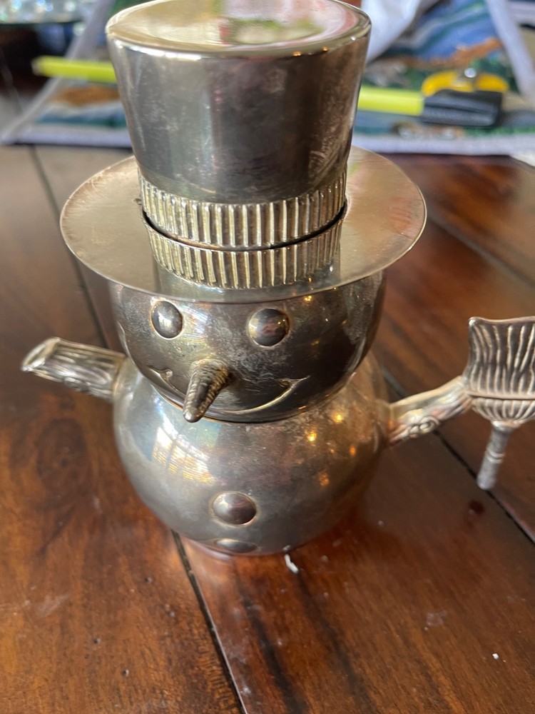 Snowman Creamer And Sugar 3 Piece Set Stackable Silver Plated Vintage