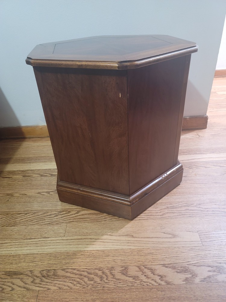 Mid-Century Hexagonal Drum Wood Side End Table With Storage