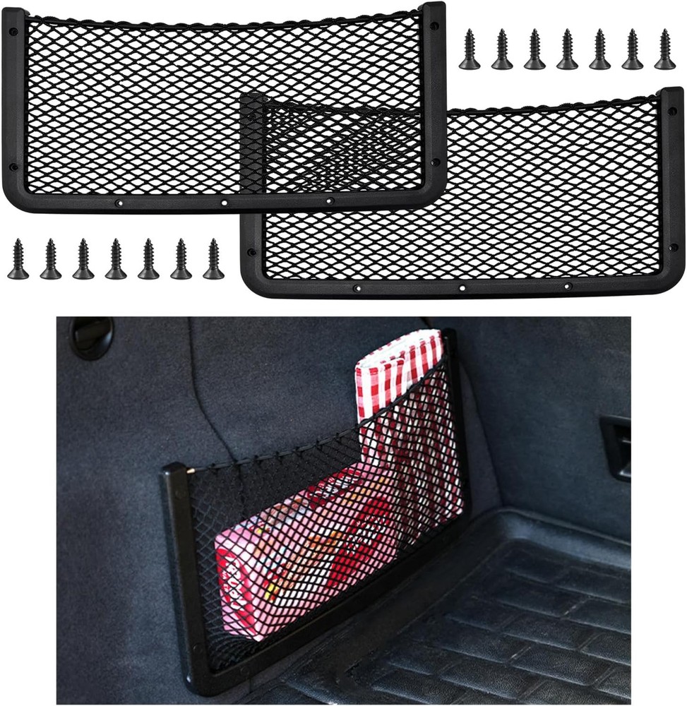 2 PCS Car Storage Net Bag, ABS Plastic Frame Auto Mesh Net Holder with Secure Sc