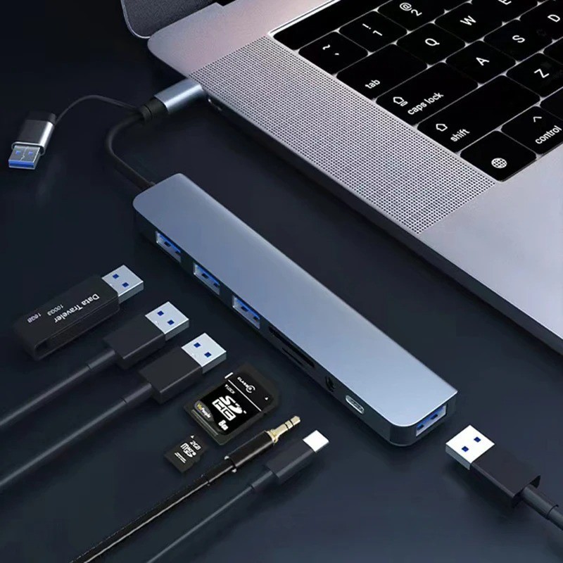 8-in-2 USB Type-C Hub Docking Station Audio Jack Micro SD Reader Adapter