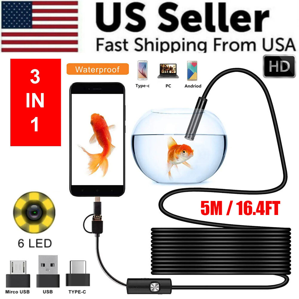 6LED HD Snake Endoscope Borescope Inspection Camera for USB Type C Android PC