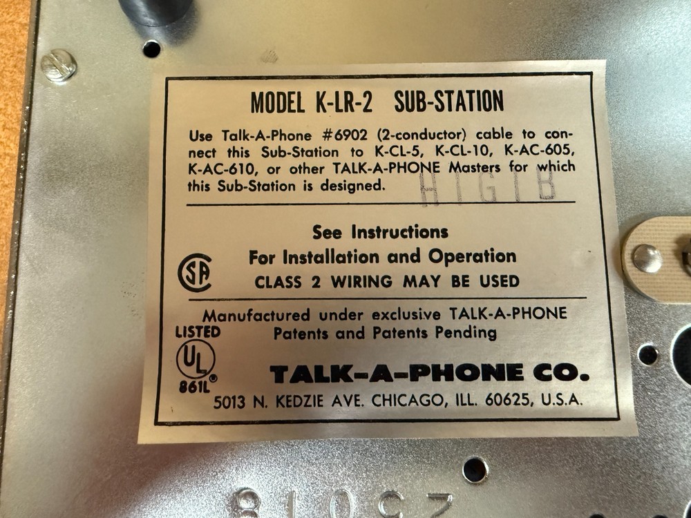TALK-A-PHONE K-LR-2 Intercom Sub-Station