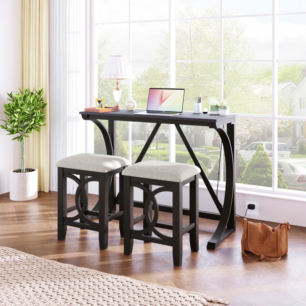 Dining Table with USB Ports and Padded Stool, Open Design