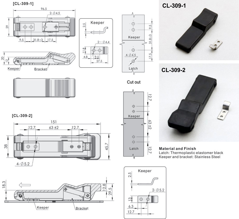 4'' Flexible Draw Latch Soft Black Rubber Replace Southco C7-10