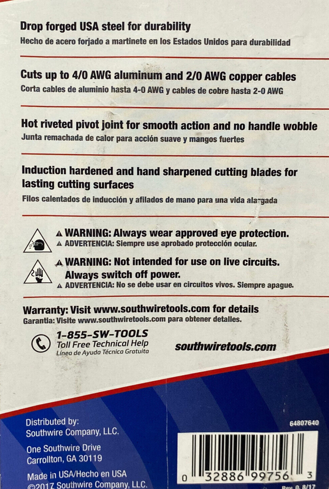 Southwire CCP9D-US 9" High Leverage Cable Cutter Made in USA
