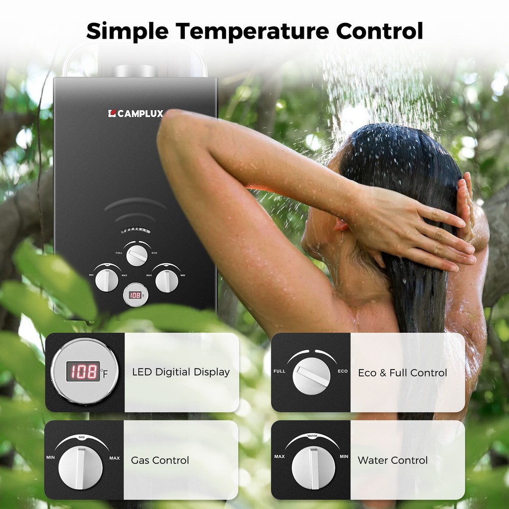 6L Portable Camplux Gas Water Heater 1.58 GPM Instant Hot Outdoor Shower Black