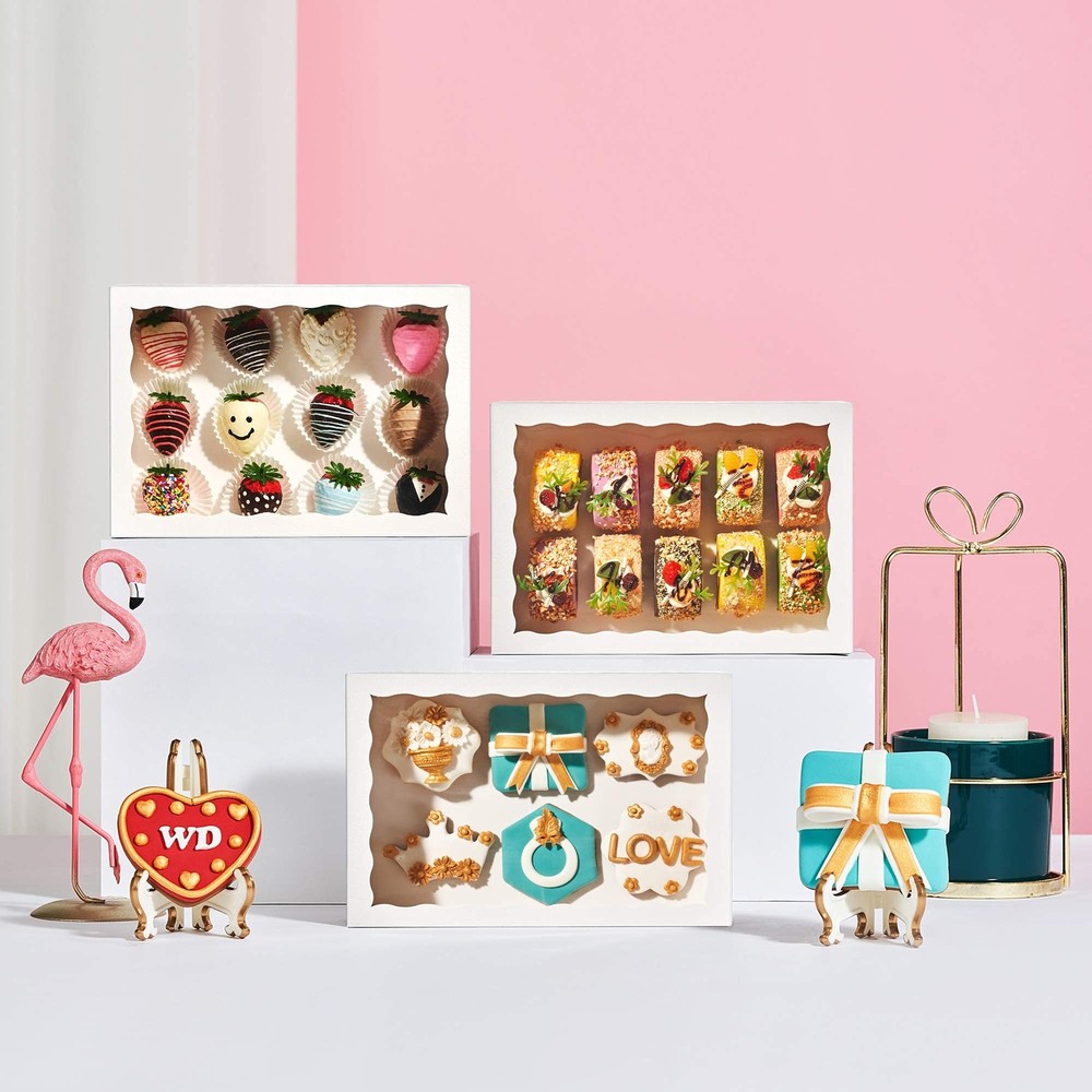 4pcs 10x7x2.5" White Cookie Boxes Display Window Strawberries Gift Box