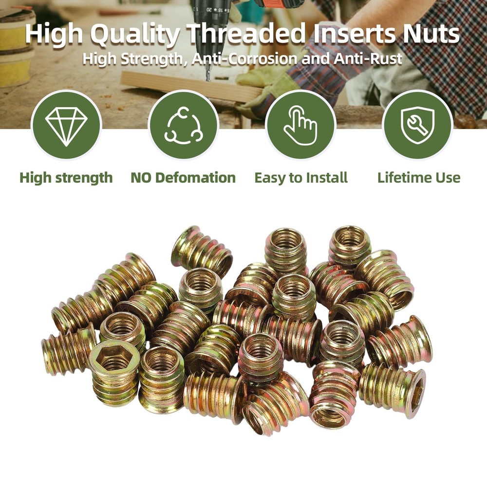 30 PCS M6-1.0 x 25mm Threaded Inserts for Wood Professional Threaded Insert N...