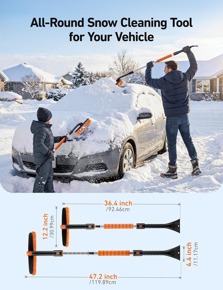 47.2" Extendable Snow Brush & Ice Scraper - 360° Pivot for Effortless Clearing
