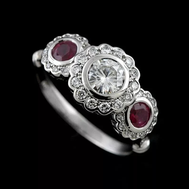 2Ct Art Deco Style Lab Created Diamond  & Ruby Engagement 14K White Gold FN Ring