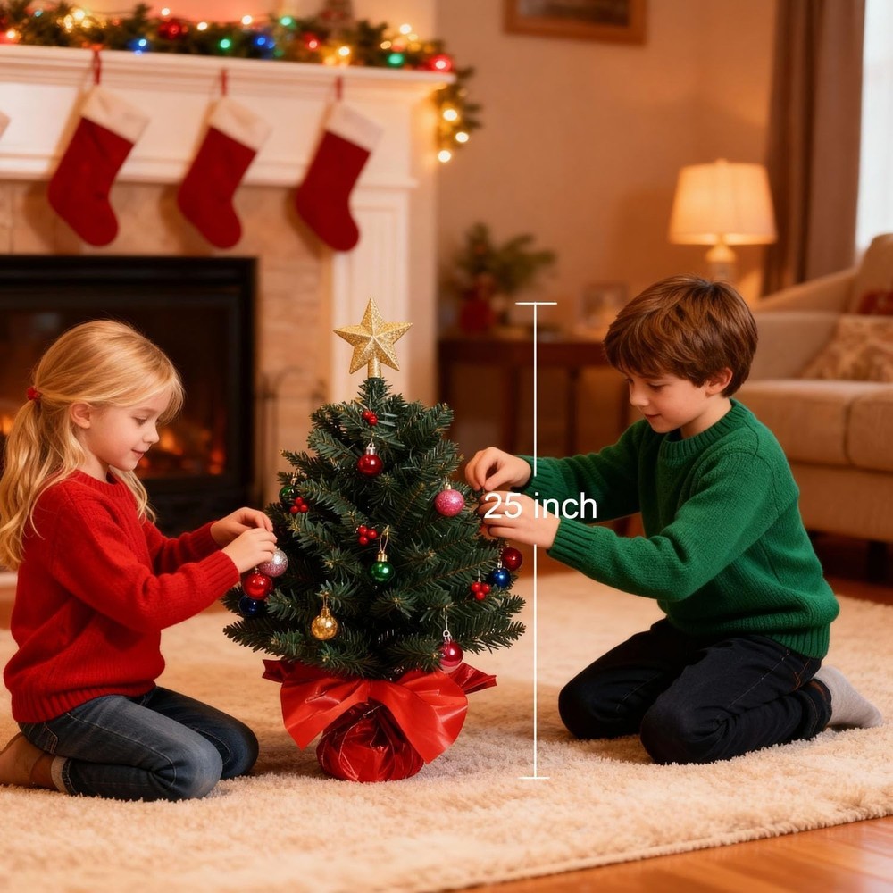 24 Inch Tabletop Christmas Tree, Artificial Mini Xmas Pine Tree with LED Stri...