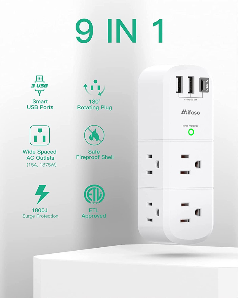 USB Outlet Extender Surge Protector - with Rotating Plug, 6 AC Multi Plug and 3