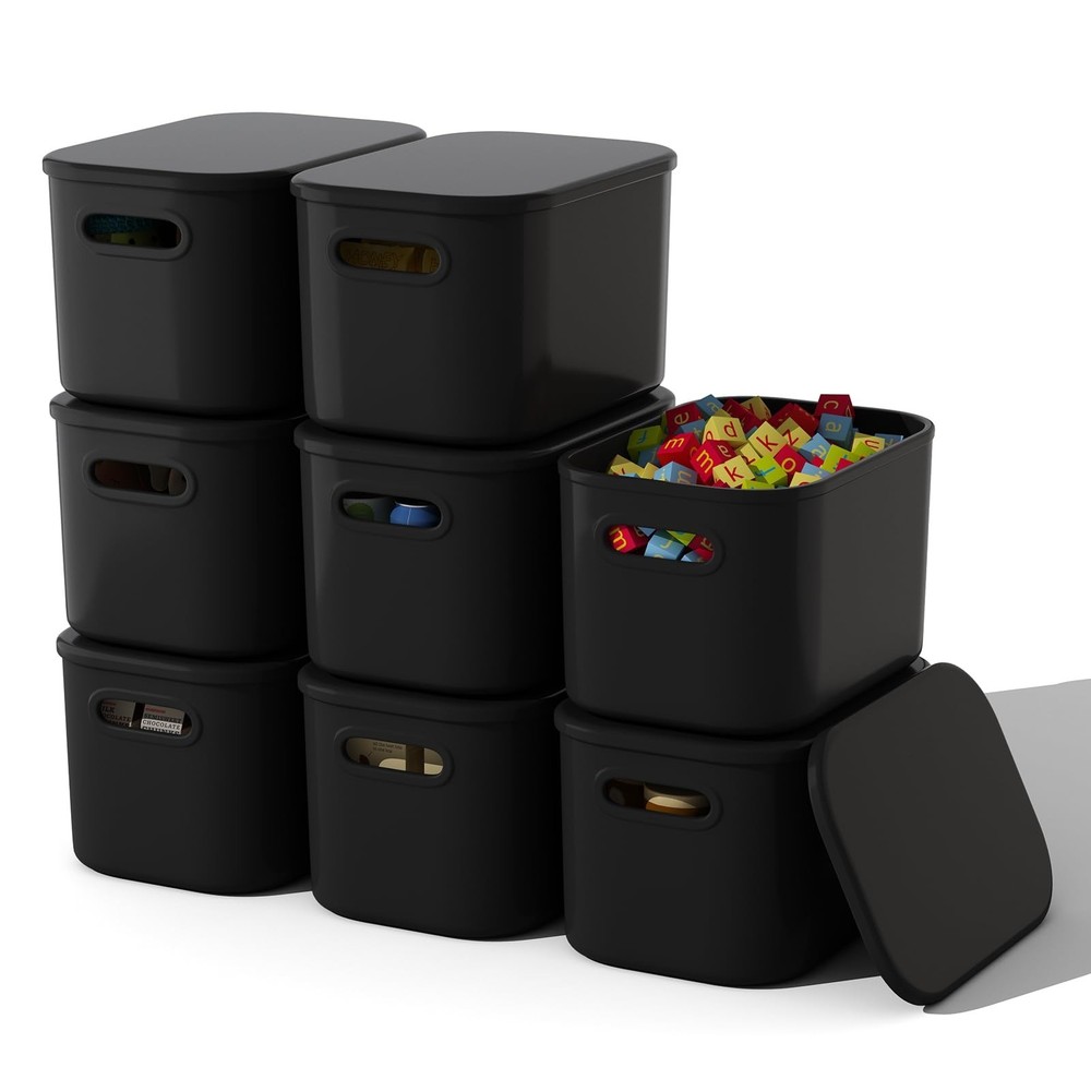 8 Pack Black Storage Bins with Lids Stackable Storage Container for Organizin...