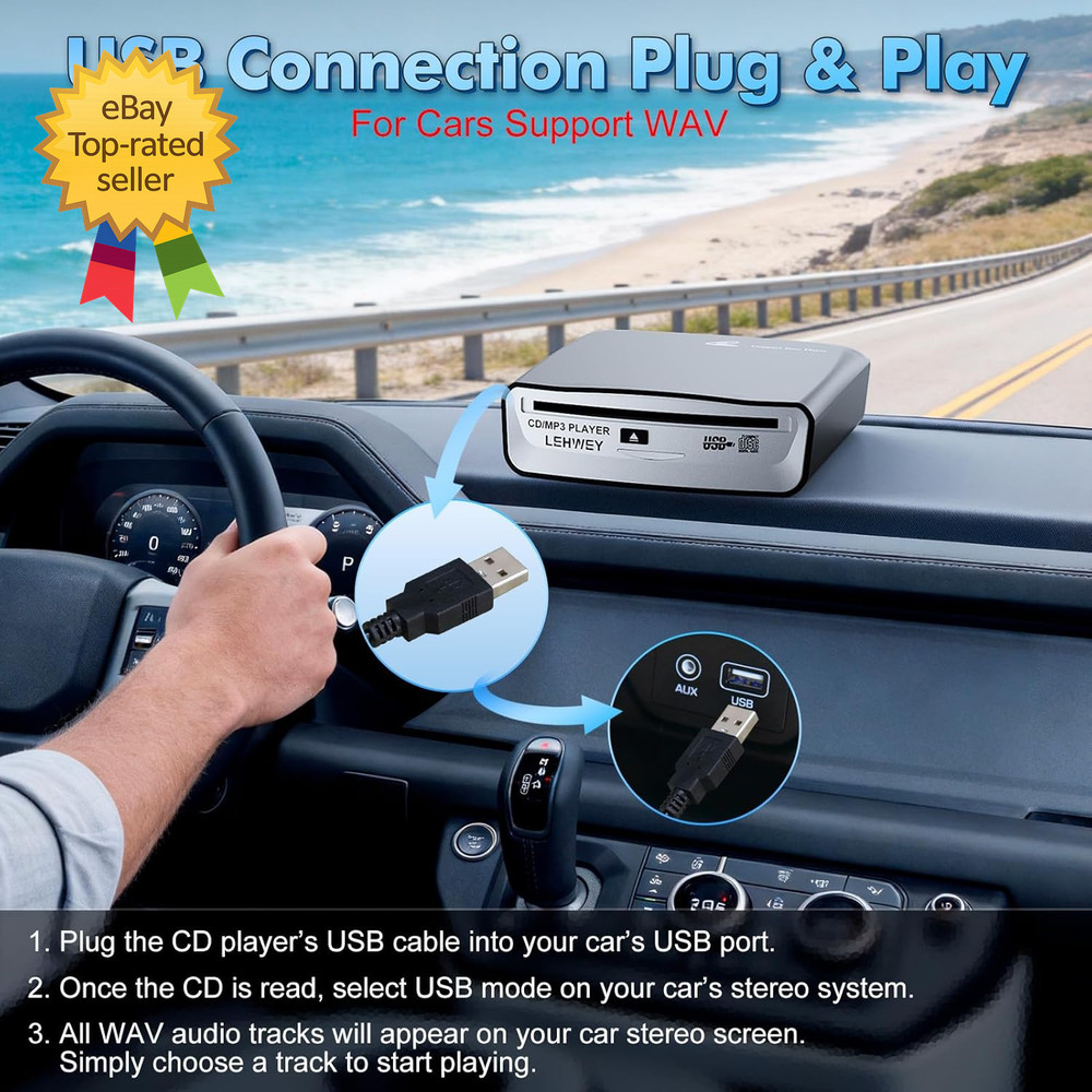 USB CD Player Car External AUX FM Transmitter Portable Anti Skip Remote Control