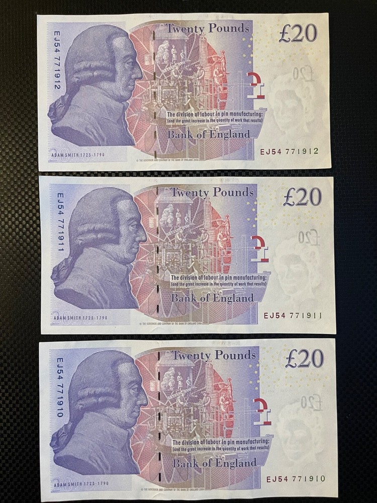 3 x Old British Twenty Pound Notes-Consecutive number-very good condition