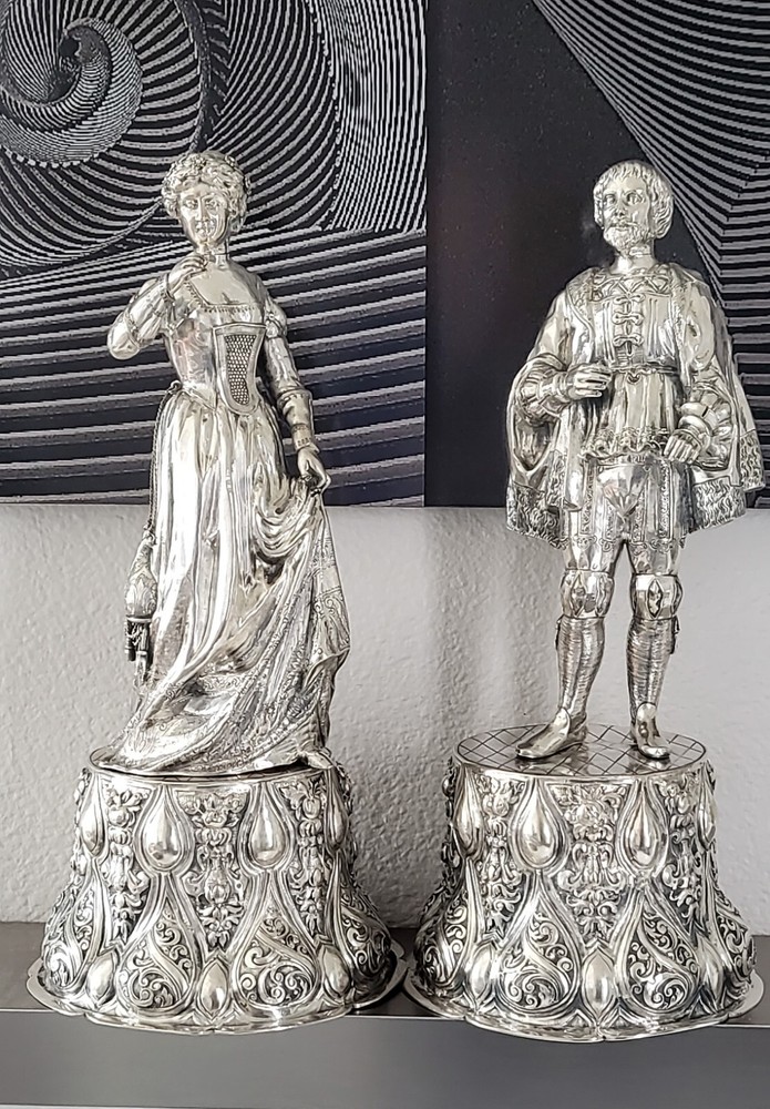 EXEPTIONAL PAIR EXTRA LARGE ANTIQUE HANAU GERMAN SILVER FIGURAL DECANTERS CA1880