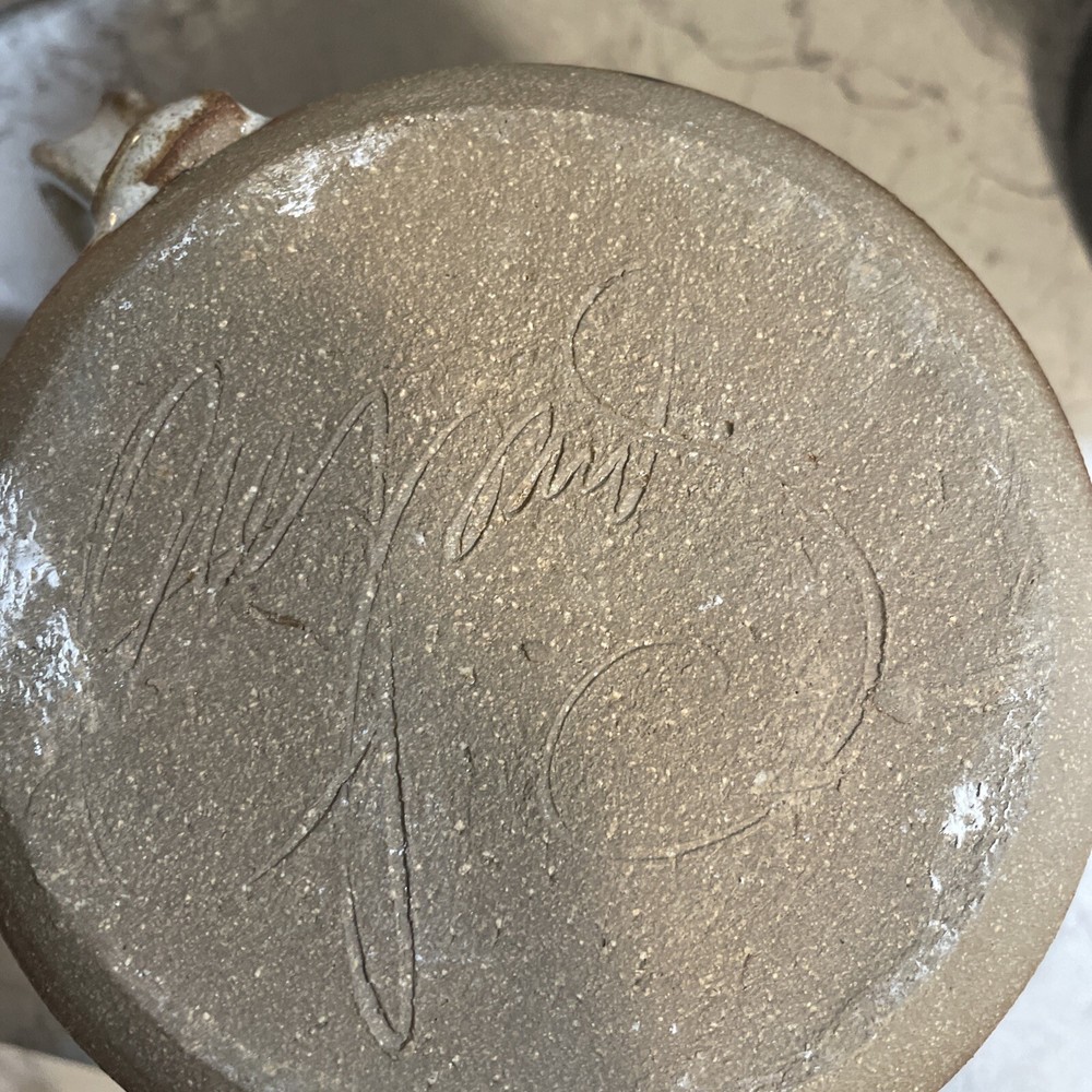 Heavy Pottery Pitcher. Signed By Maker. With Iris Flowers.