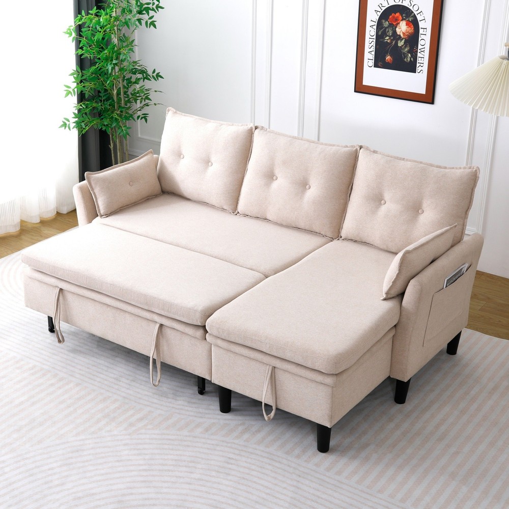 Modern L-Shaped Cotton-Linen Sectional Sleeper Sofa with Pull Out Bed & Storage