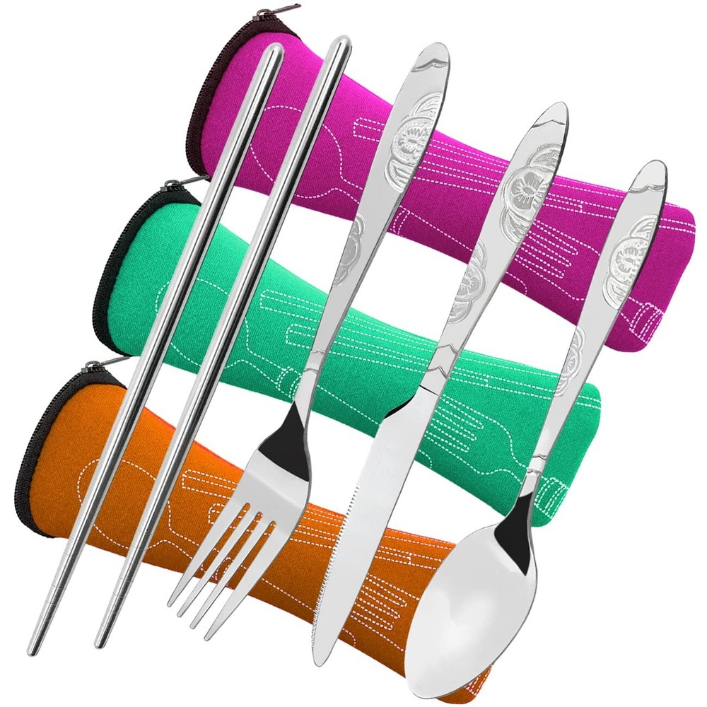 3 Pack Camping Silverware Set 12 Pcs Knife Fork Spoon Chopsticks Stainless St...