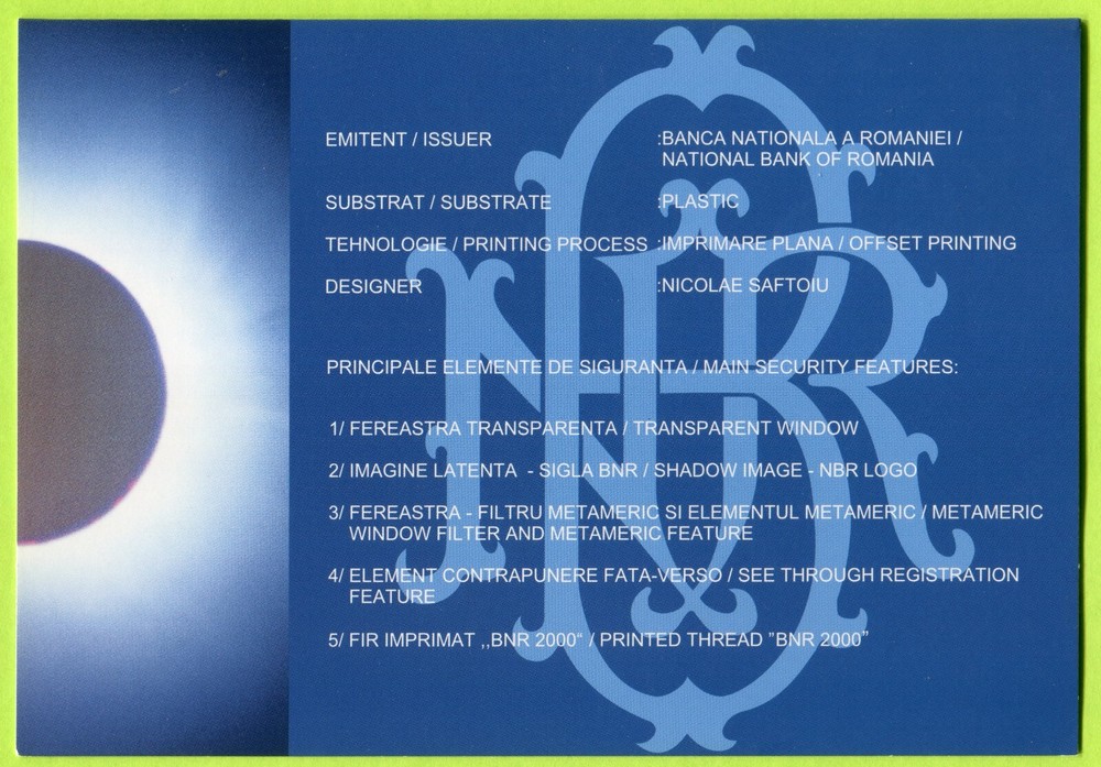 Romania 2000 Lei 1999 P111b UNC - Polymer / Solar Eclipse with folder