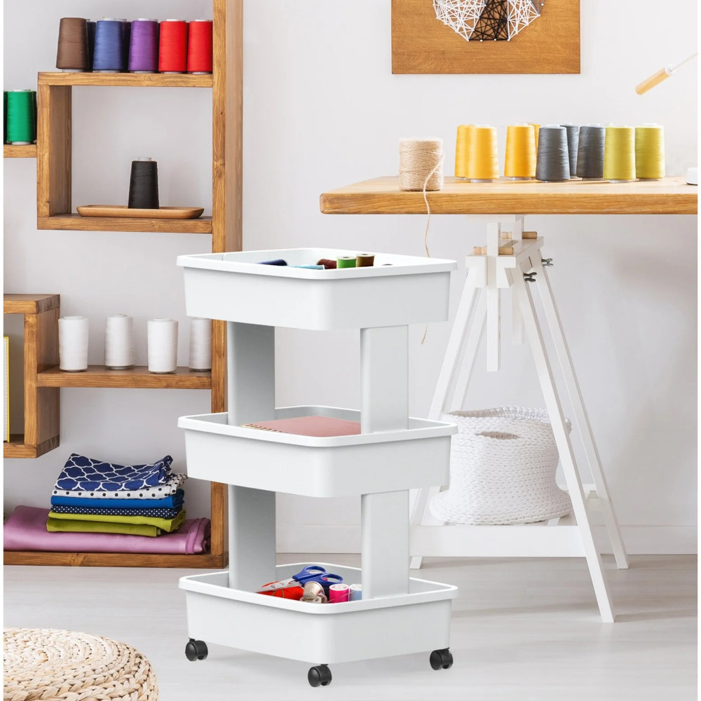 (2 Pack) 3-Tier Plastic Rolling Laundry Cart, Arctic White