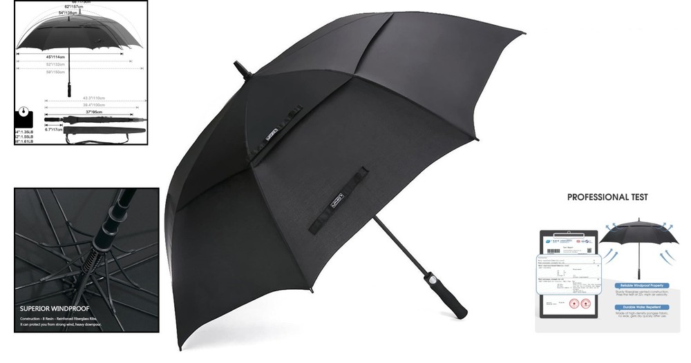 62-Inch Black Golf Umbrella - Auto Open, Vented, Windproof Protection