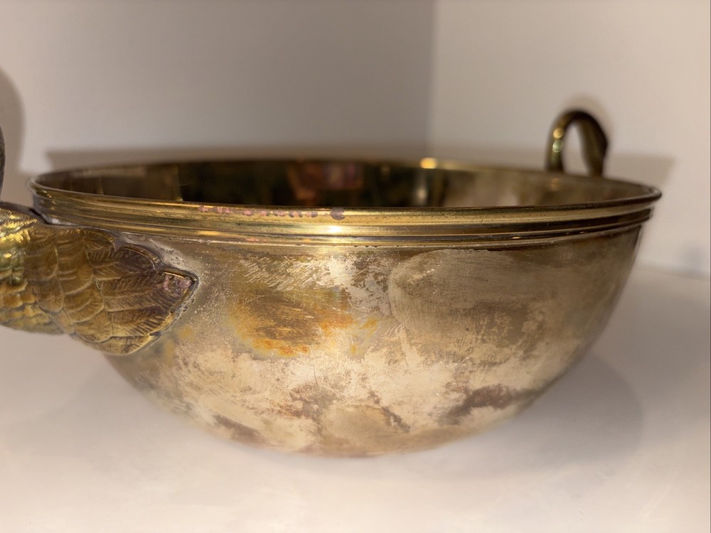 Antique Solid Brass Silverplate Large Bowl With Duck Handles