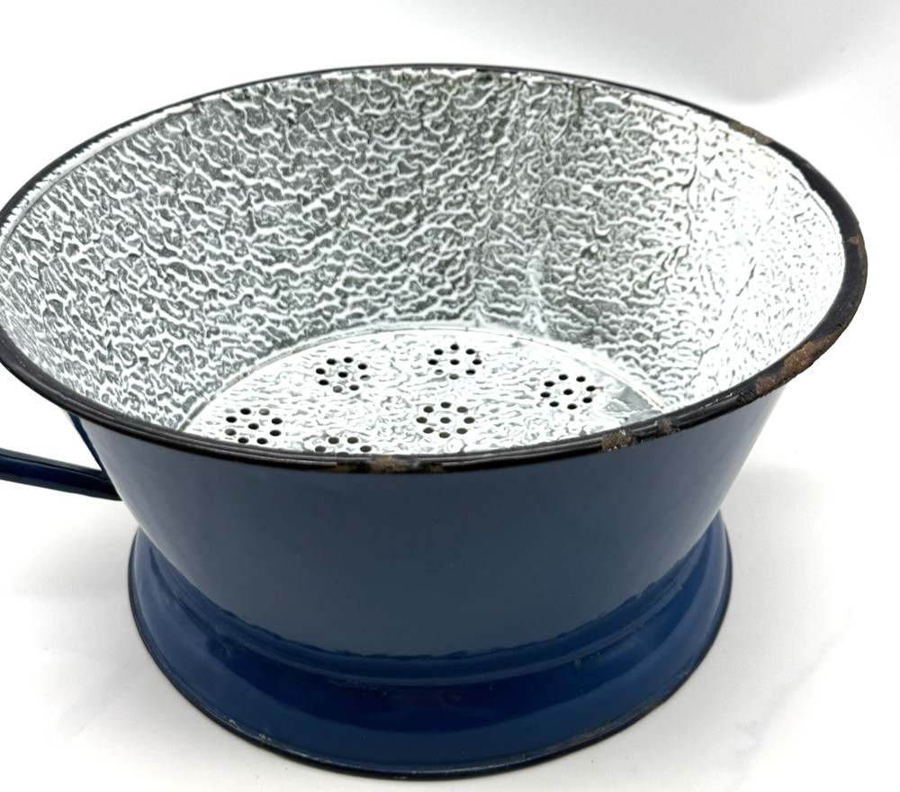 Vintage Blue Enamelware Handled Strainer