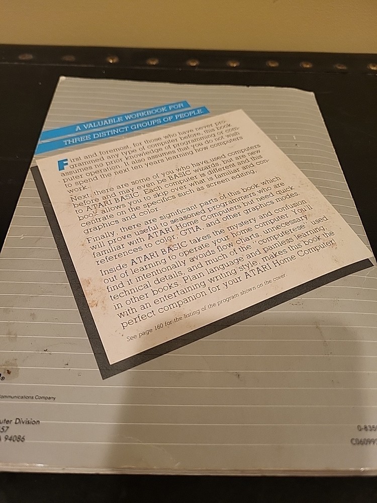 INSIDE ATARI BASIC By Bill Carris Atari Vintage Manual 400/800/XL/XE Preowned
