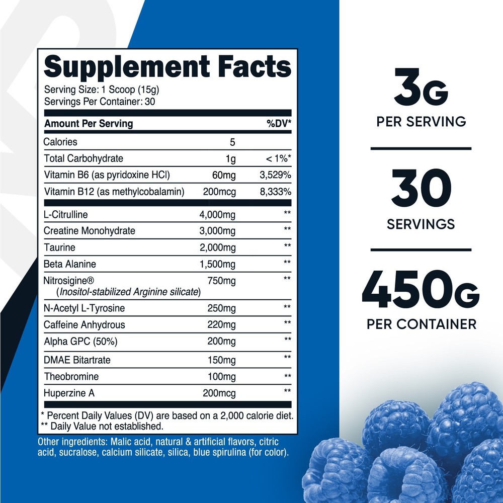 Nutricost Pre-C, Pre-Workout Complex with Creatine Powder (Blue Raspberry) 450g