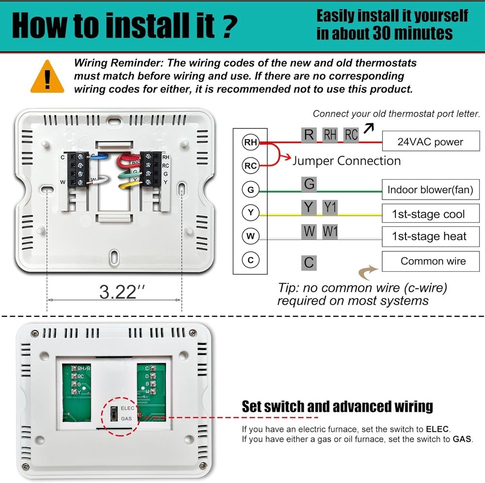 Bright LCD Thermostat with Backlight for Single-Stage HVAC Control - Easy Read