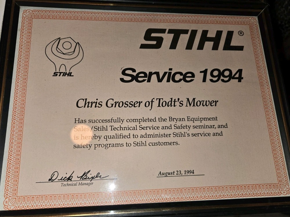 3 1990s 2000s STIHL TECHNICAL SERVICE CERTIFICATES FRAMED