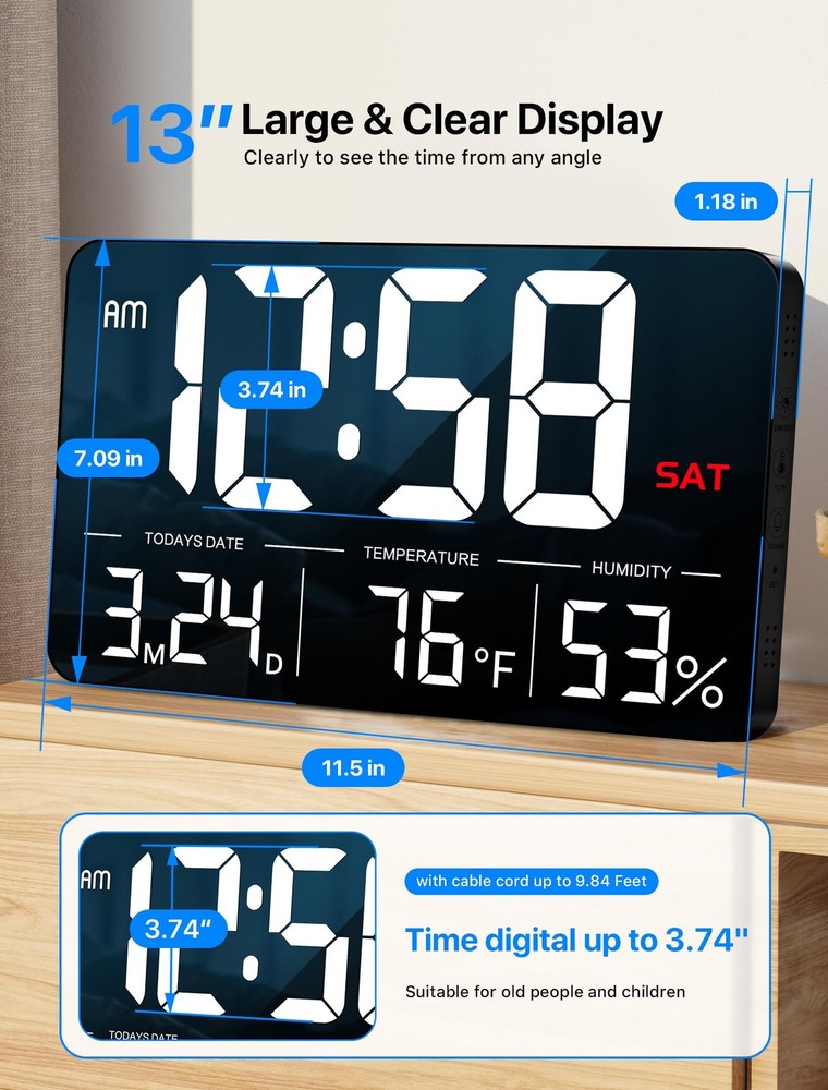Digital Clock,13" Large Display Digital Wall Clock, Adjustable Brightness Cal...