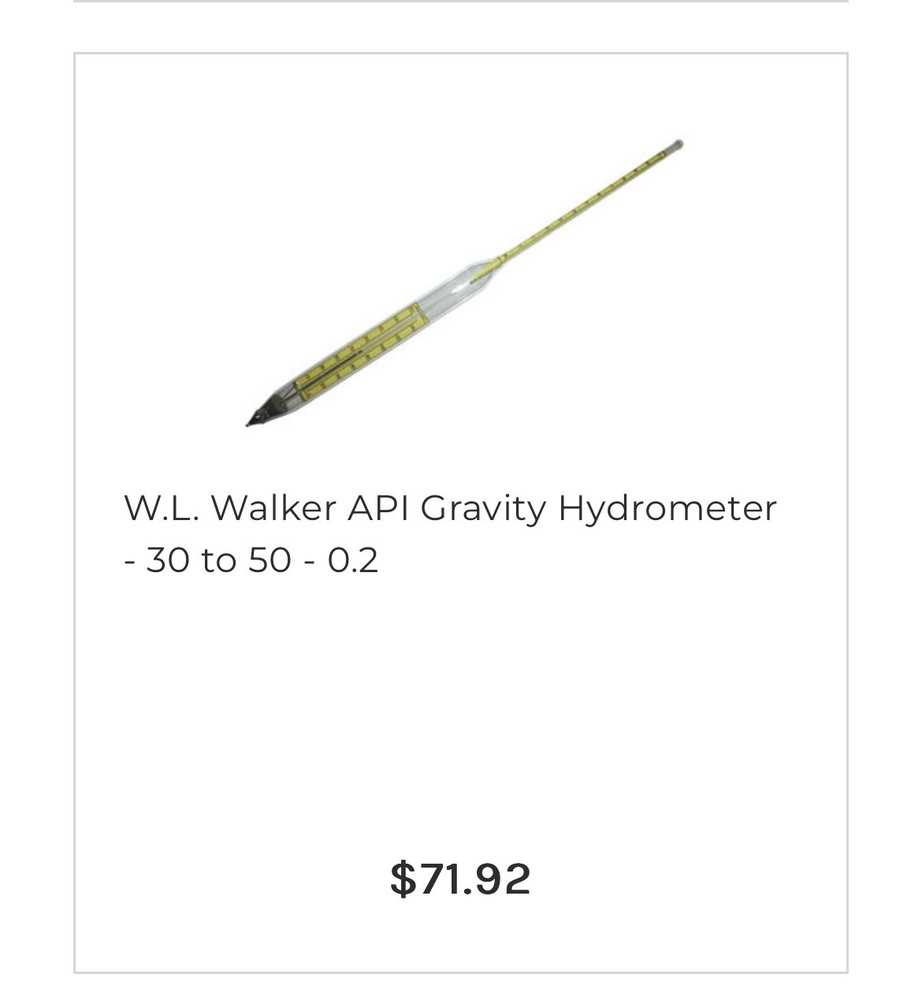 W.L. Walker Certified API Gravity HYDROMETERS 30-50. 10 available