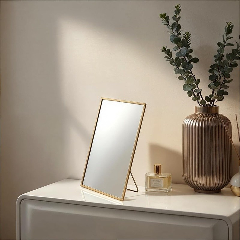 Brass Frame Rectangular Tabletop Mirror Bedroom Entryway Home Decor Accent New