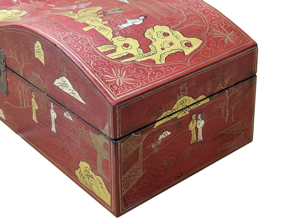 Red Lacquer Chinoiserie-style Gold Silver Scenery Graphic Rectangular Box GB230