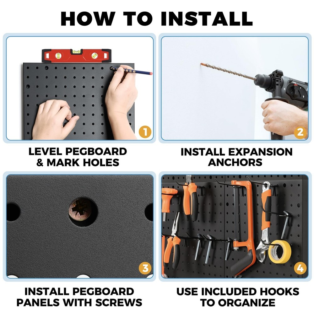 Heavy Duty 4-Panel Pegboard Wall Organizer & 32 Peg Hooks - Four Black Metal ...