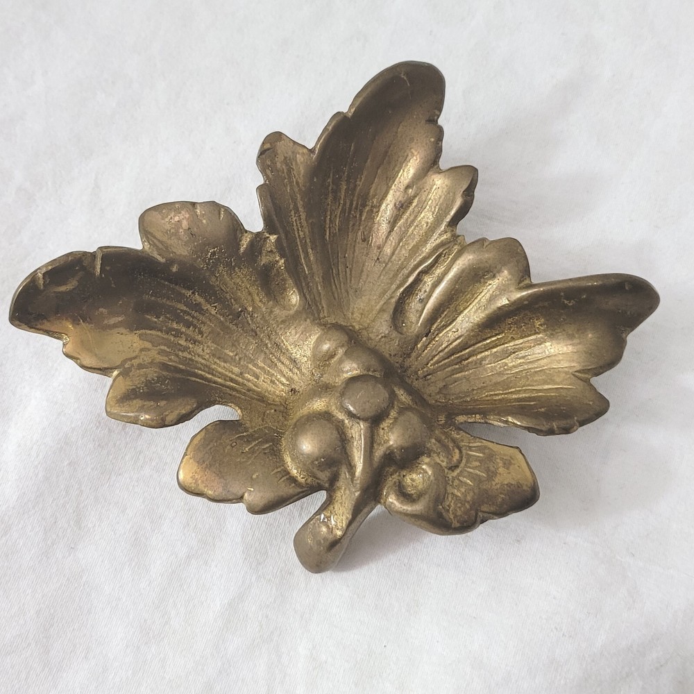 Vintage Solid Brass Grape Berry Leaf Trinket Dish Or Ashtray