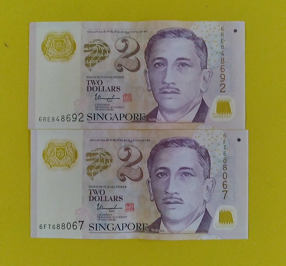 1987 SINGAPORE:  $2.00 BANKNOTE EDUCATION THEME 2 CONSECUTIVE  UNCIRCULATED