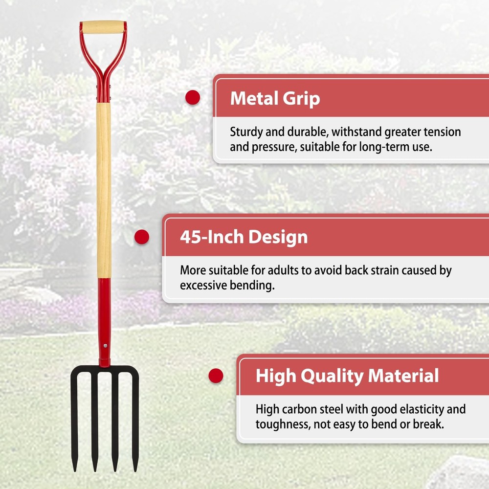Heavy Duty Garden Fork for Digging, 4 Tines Pitch Fork for Gardening Compost,...