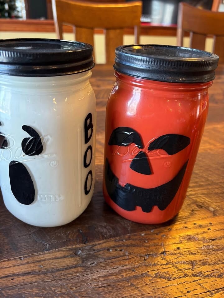 2 Pumpkins & 1 Ghost Painted Ball Jars