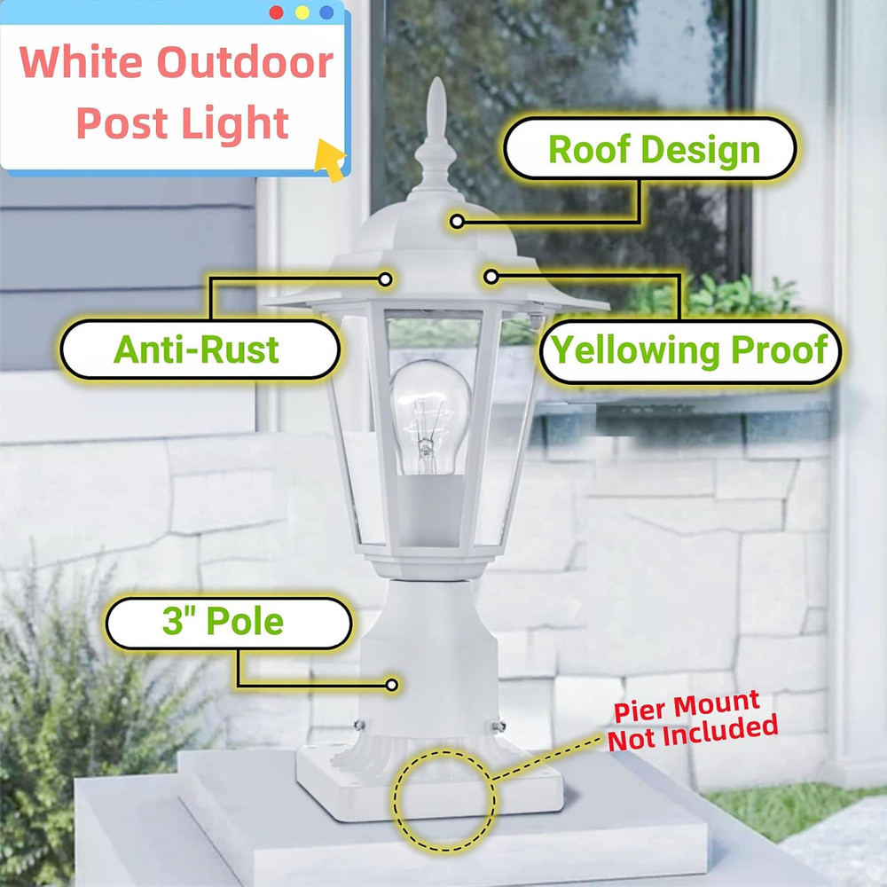 White Outdoor Post Light, Pole Lantern, E26 Base 60W Max, Aluminum Housing Plus
