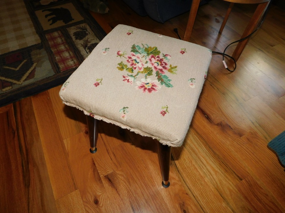 Pink Floral Needlepoint Stool Vintage Handmade