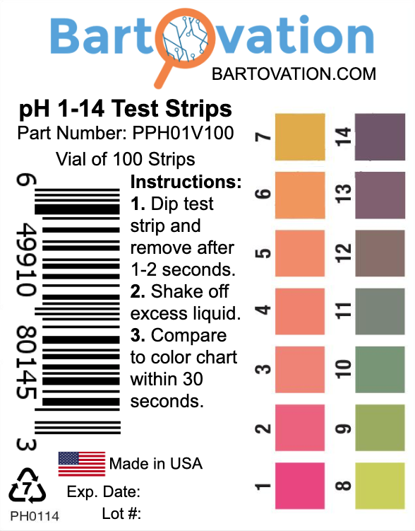 pH 1-14 Wide Range Test Strips [Moisture-Proof Vial of 100 Strips]