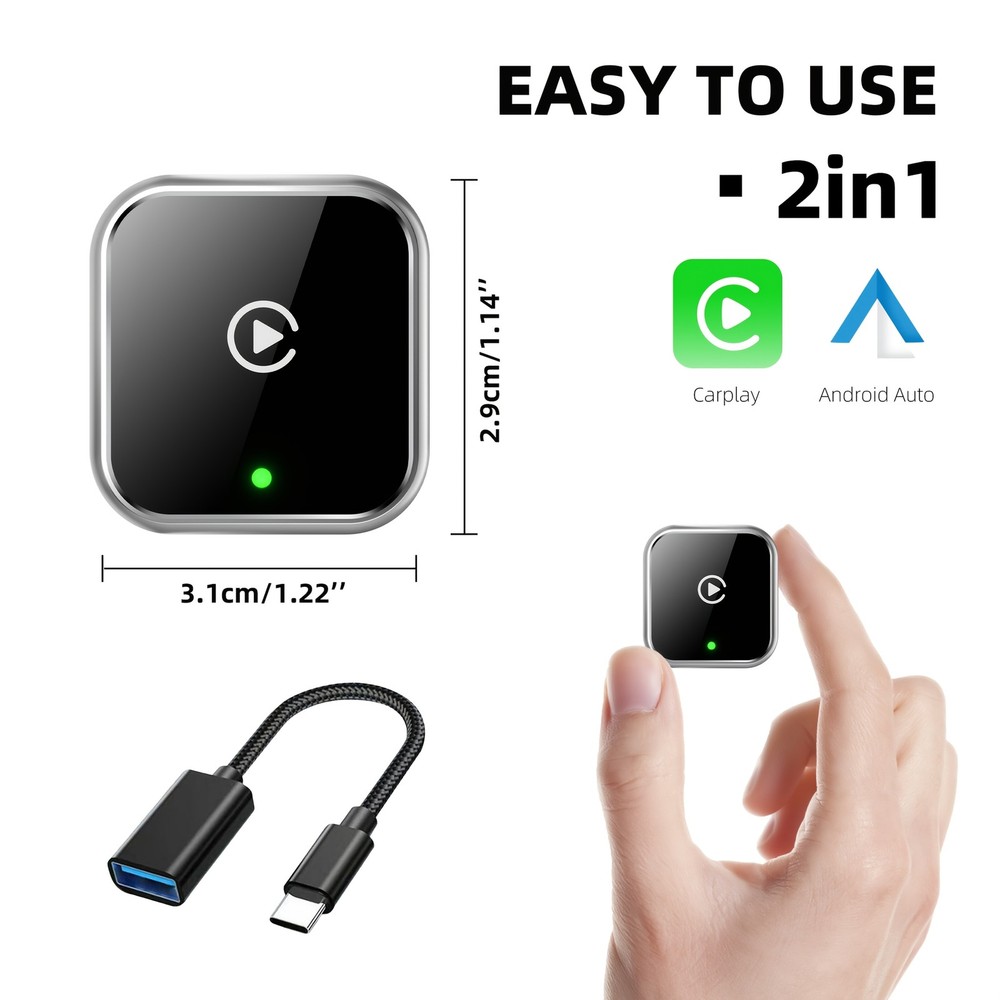 2-in-1 Wireless CarPlay Android Auto Adapter USB Plug Play High Compatibility