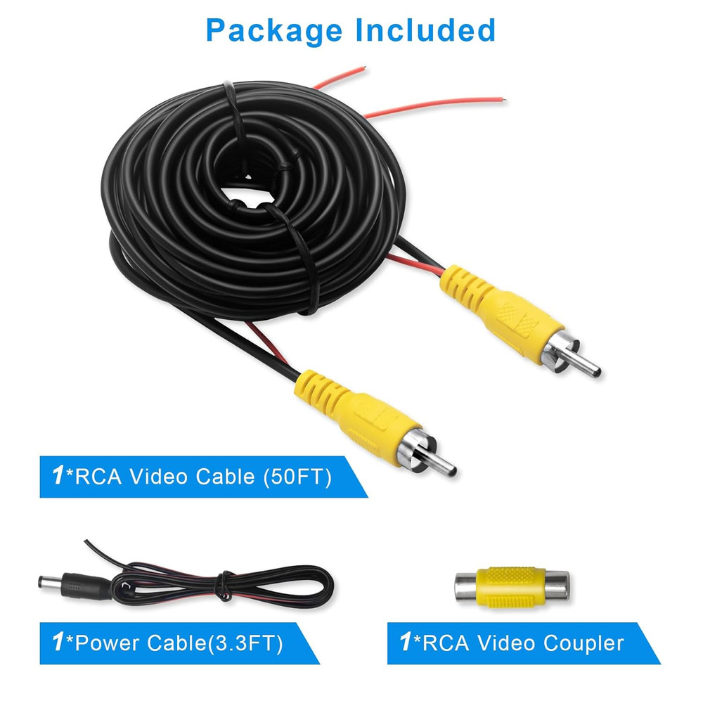 Premium Backup Camera RCA Cables, Car Reverse Camera Cable with Detection Wire (