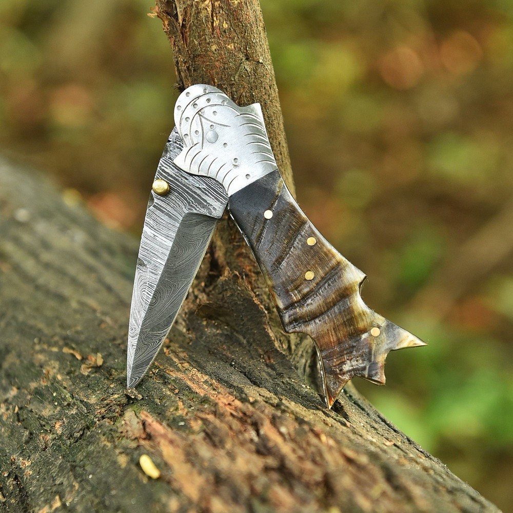 Damascus Folding Dagger Blade Pocket Knife Tactical-Original Ram Horn Handle