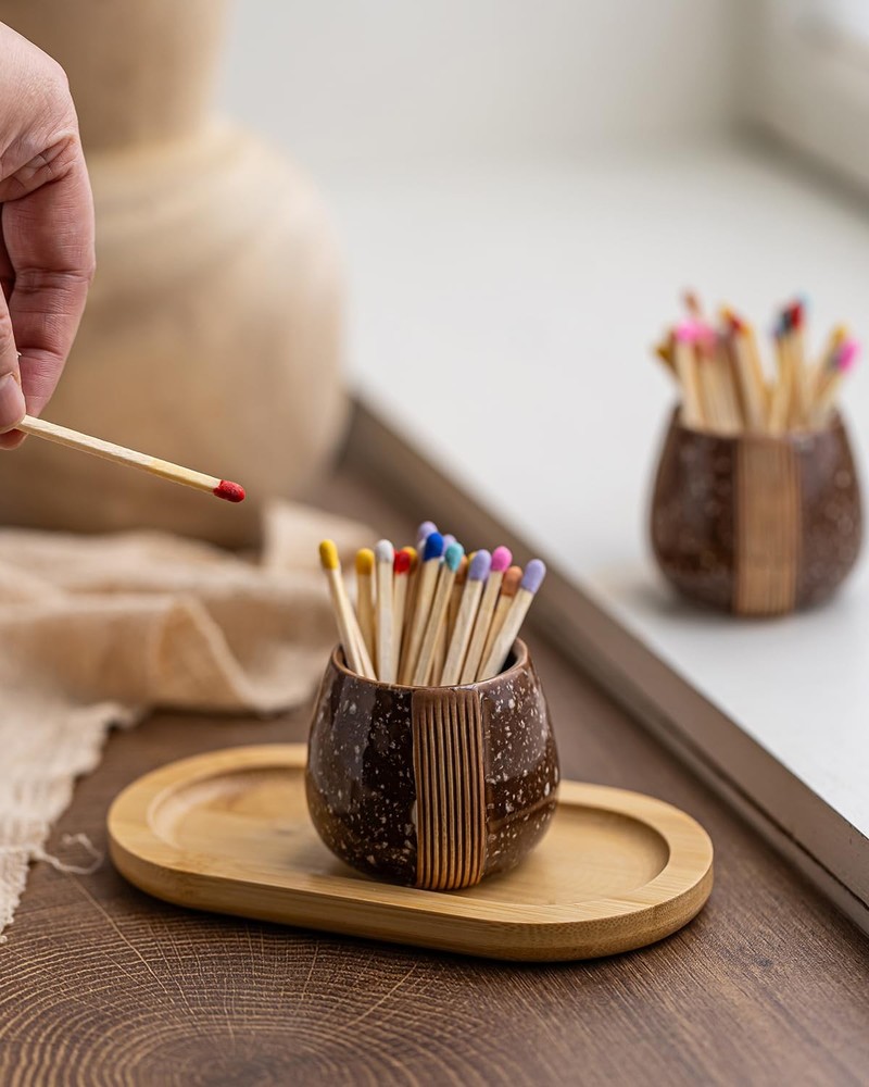 2 Set Match Holders Striker Ceramic Container Wooden Tray, Brown Kitchen Decor