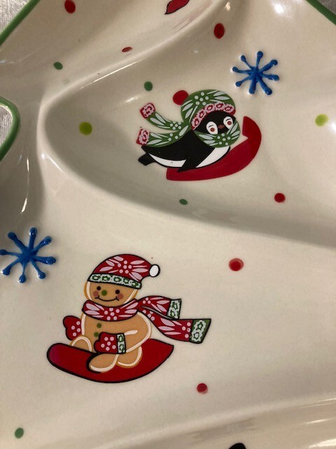 Temptations Winter Whimsy Christmas Tree Shaped Divided Ceramic Dish 14" x 12"