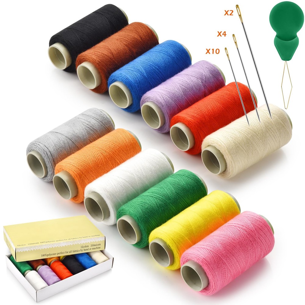 Sewing Thread Set, 12 Colors Polyester, Hand Needles, Threader Included